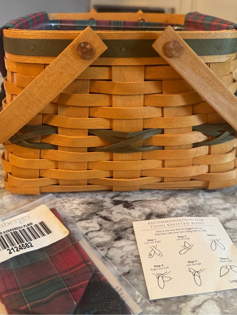 Longaberger Natural Brown Basket with Green Accent and Plaid Liner